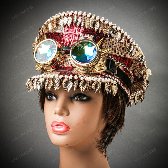 Steampunk Burning Man Party Captain Hat w/ Kaleidoscope 3D Goggles Red Gold - Picture 8 of 11
